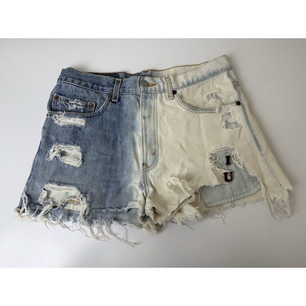 Rare Vgt Levi's 517 Denim Cut Off Shorts Blue White Distressed Frayed Hem Cotton